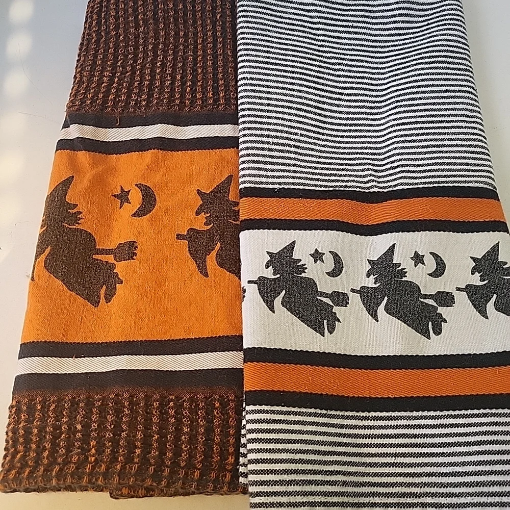 Crate&Barrel Flying Witch Halloween Dish Towels Set Of 2